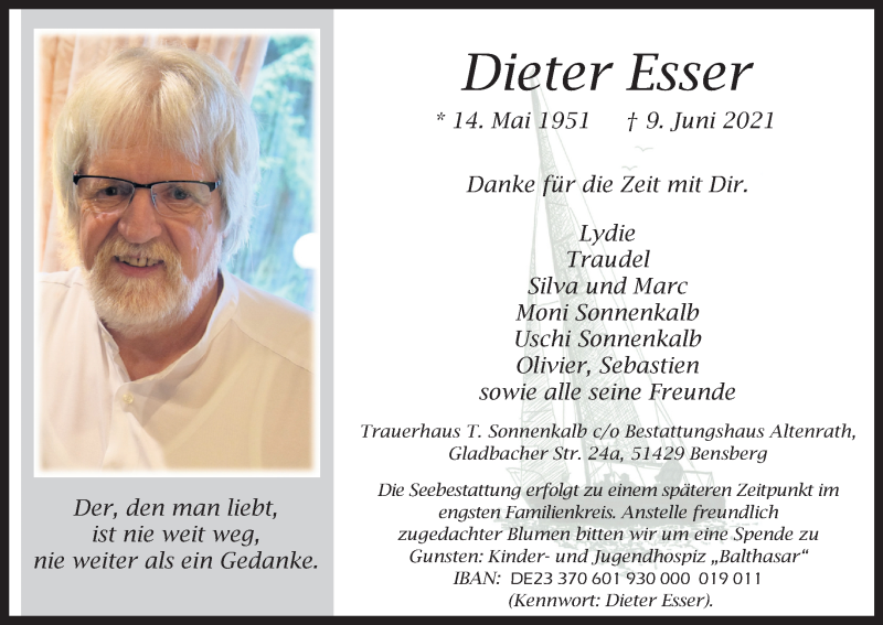  Traueranzeige für Dieter Esser vom 26.06.2021 aus Kölner Stadt-Anzeiger / Kölnische Rundschau / Express