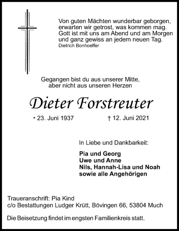 Anzeige von Dieter Forstreuter von Kölner Stadt-Anzeiger / Kölnische Rundschau / Express