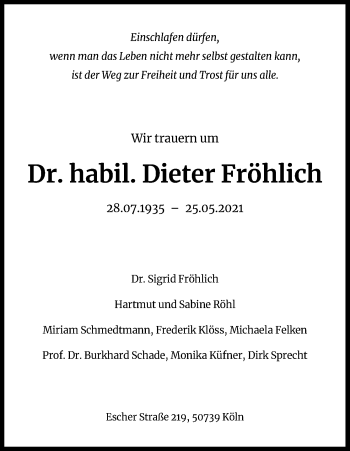 Anzeige von Dieter Fröhlich von Kölner Stadt-Anzeiger / Kölnische Rundschau / Express
