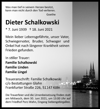 Anzeige von Dieter Schalkowski von  Kölner Wochenspiegel 