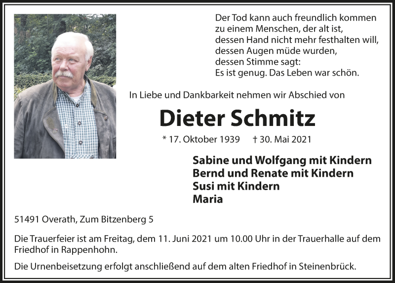  Traueranzeige für Dieter Schmitz vom 04.06.2021 aus  Bergisches Handelsblatt 