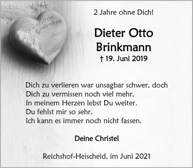  Traueranzeige für Dieter Otto Brinkmann vom 18.06.2021 aus  Anzeigen Echo 