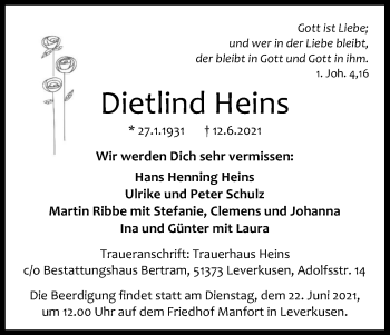 Anzeige von Dietlind Heins von Kölner Stadt-Anzeiger / Kölnische Rundschau / Express