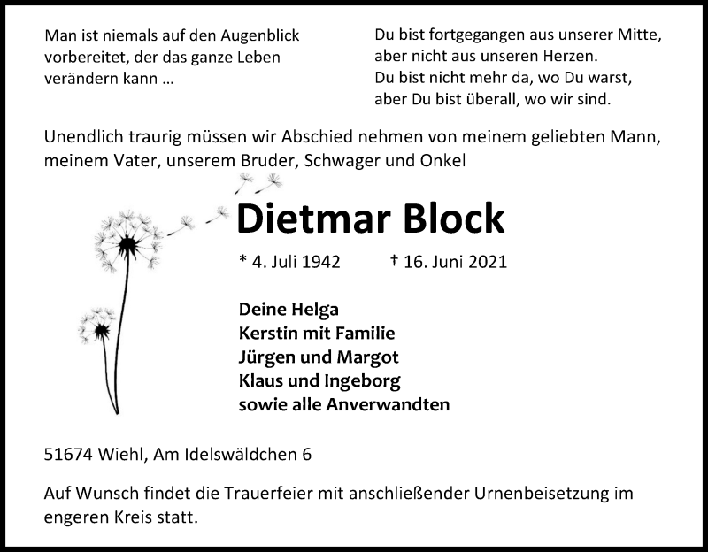  Traueranzeige für Dietmar Block vom 19.06.2021 aus Kölner Stadt-Anzeiger / Kölnische Rundschau / Express