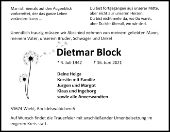 Anzeige von Dietmar Block von Kölner Stadt-Anzeiger / Kölnische Rundschau / Express