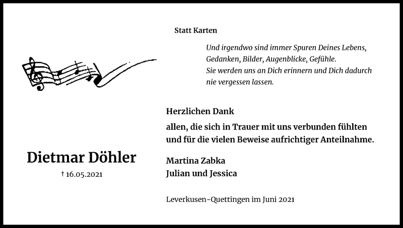  Traueranzeige für Dietmar Döhler vom 19.06.2021 aus Kölner Stadt-Anzeiger / Kölnische Rundschau / Express
