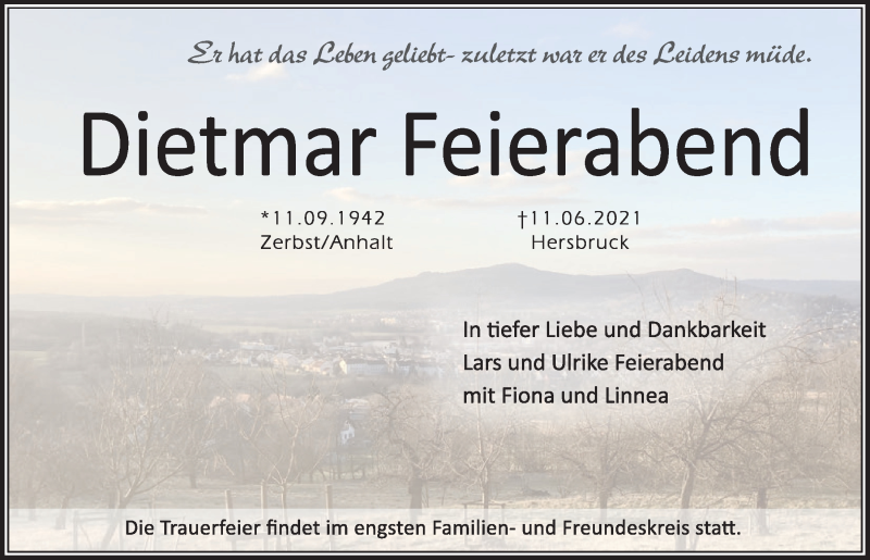  Traueranzeige für Dietmar Feierabend vom 25.06.2021 aus  Schlossbote/Werbekurier 