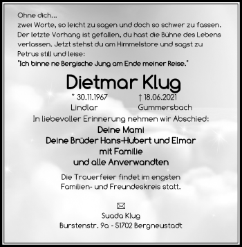 Anzeige von Dietmar Klug von Kölner Stadt-Anzeiger / Kölnische Rundschau / Express