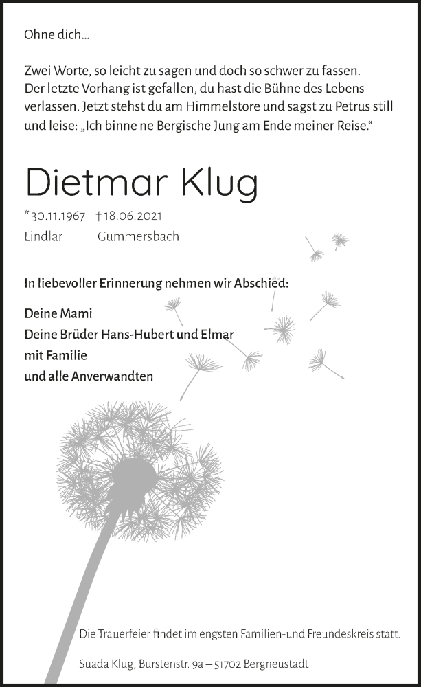  Traueranzeige für Dietmar Klug vom 25.06.2021 aus  Anzeigen Echo 
