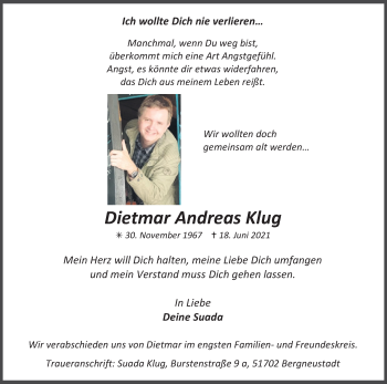 Anzeige von Dietmar Andreas Klug von Kölner Stadt-Anzeiger / Kölnische Rundschau / Express