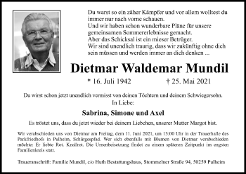 Anzeige von Dietmar Waldemar Mundil von Kölner Stadt-Anzeiger / Kölnische Rundschau / Express