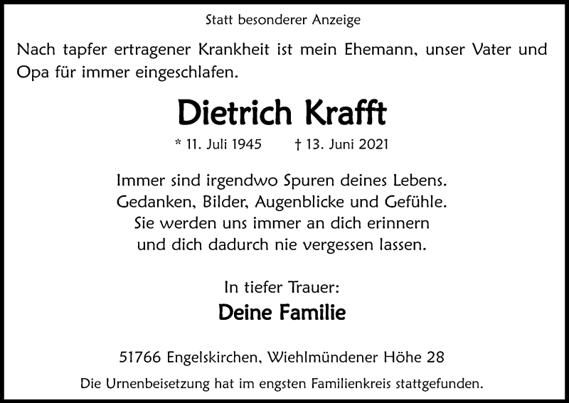  Traueranzeige für Dietrich Krafft vom 24.06.2021 aus Kölner Stadt-Anzeiger / Kölnische Rundschau / Express