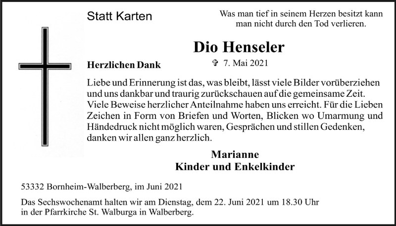  Traueranzeige für Dio Henseler vom 18.06.2021 aus  Schlossbote/Werbekurier 