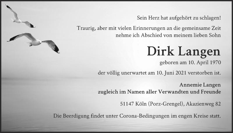  Traueranzeige für Dirk Langen vom 25.06.2021 aus  Kölner Wochenspiegel 
