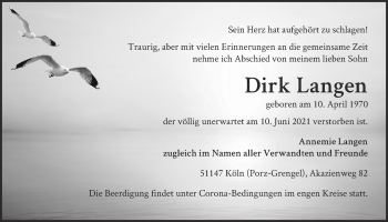 Anzeige von Dirk Langen von  Kölner Wochenspiegel 
