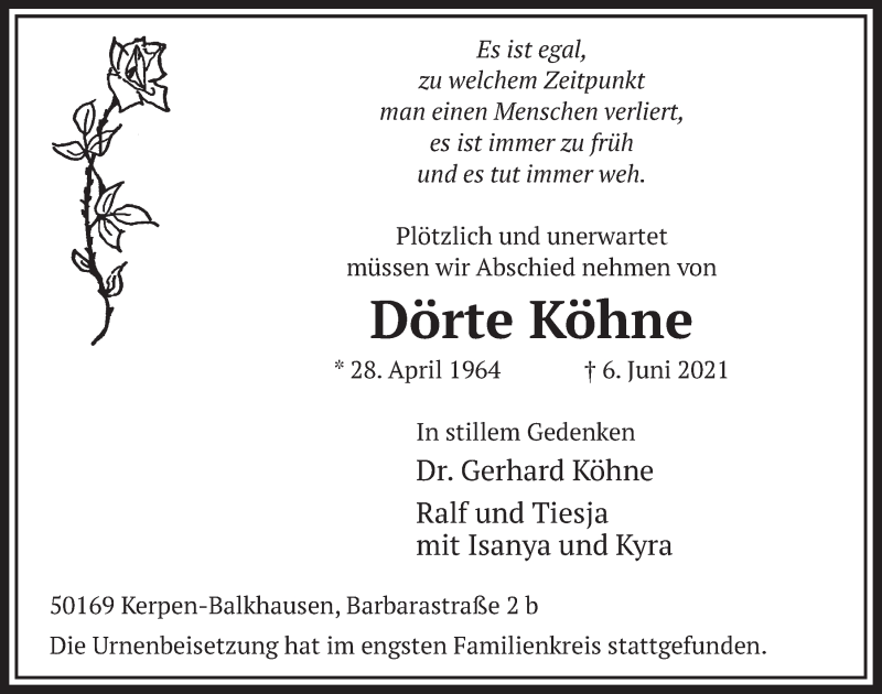  Traueranzeige für Dörte Köhne vom 18.06.2021 aus  Werbepost 