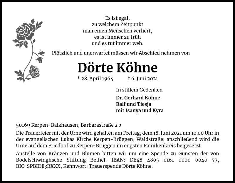  Traueranzeige für Dörte Köhne vom 16.06.2021 aus Kölner Stadt-Anzeiger / Kölnische Rundschau / Express