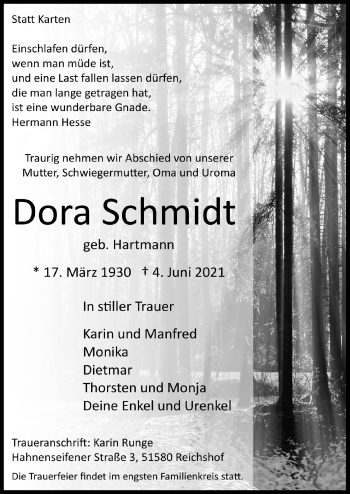 Anzeige von Dora Schmidt von  Anzeigen Echo  Lokalanzeiger 