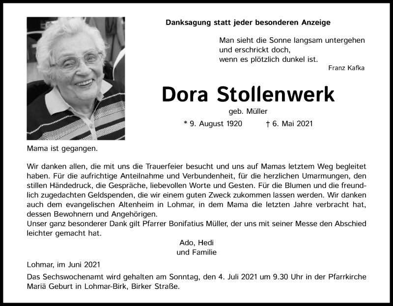  Traueranzeige für Dora Stollenwerk vom 26.06.2021 aus Kölner Stadt-Anzeiger / Kölnische Rundschau / Express