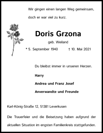 Anzeige von Doris Grzona von Kölner Stadt-Anzeiger / Kölnische Rundschau / Express