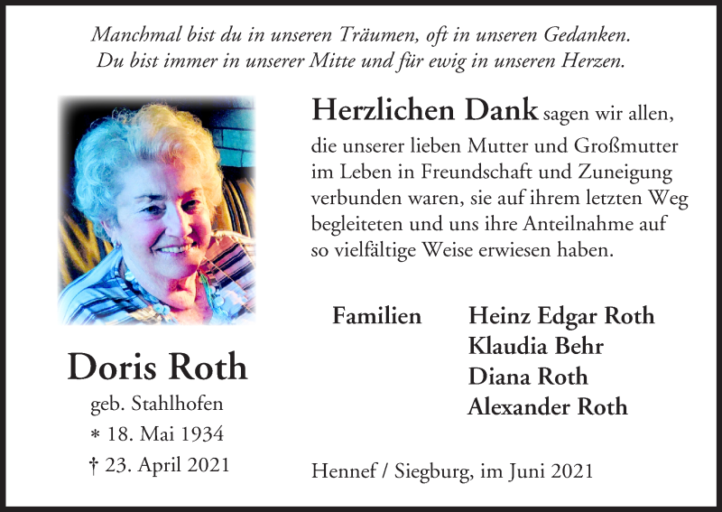  Traueranzeige für Doris Roth vom 19.06.2021 aus Kölner Stadt-Anzeiger / Kölnische Rundschau / Express