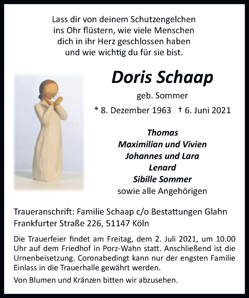  Traueranzeige für Doris Schaap vom 18.06.2021 aus  Kölner Wochenspiegel 