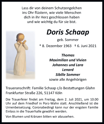 Anzeige von Doris Schaap von  Kölner Wochenspiegel 