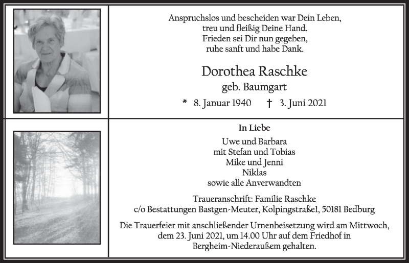  Traueranzeige für Dorothea Raschke vom 18.06.2021 aus  Werbepost 