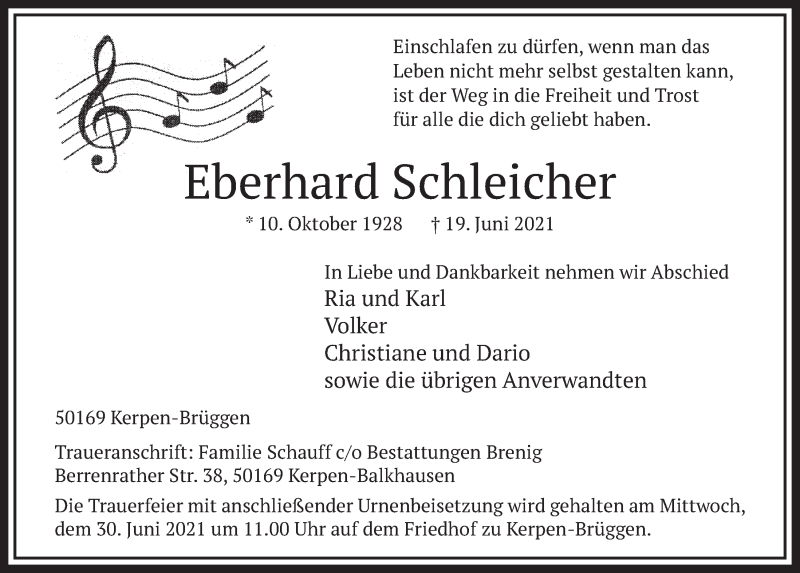  Traueranzeige für Eberhard Schleicher vom 25.06.2021 aus  Werbepost 