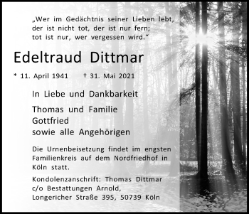 Anzeige von Edeltraud Dittmar von Kölner Stadt-Anzeiger / Kölnische Rundschau / Express