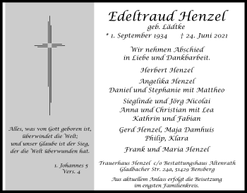 Anzeige von Edeltraud Henzel von Kölner Stadt-Anzeiger / Kölnische Rundschau / Express