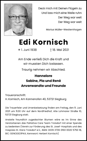 Anzeige von Edi Kornfisch von Kölner Stadt-Anzeiger / Kölnische Rundschau / Express