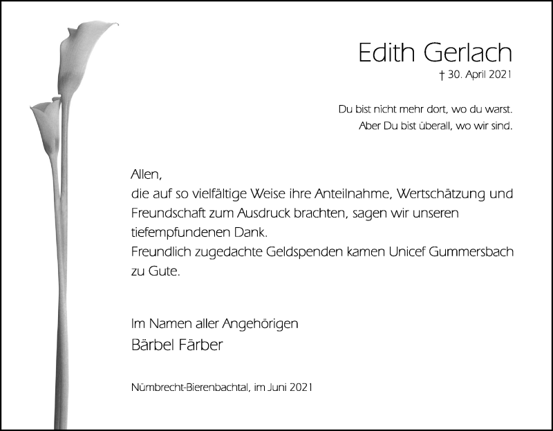 Traueranzeige für Edith Gerlach vom 18.06.2021 aus Kölner Stadt-Anzeiger / Kölnische Rundschau / Express