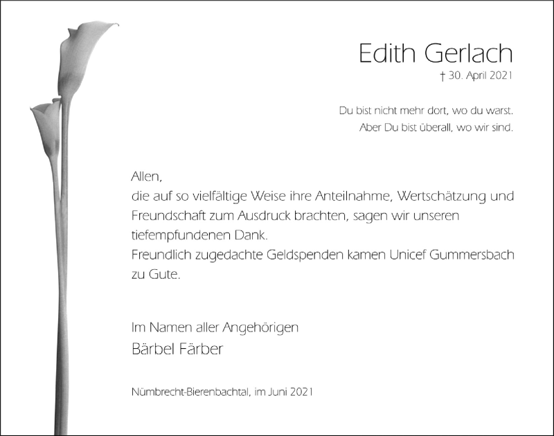  Traueranzeige für Edith Gerlach vom 18.06.2021 aus  Lokalanzeiger 