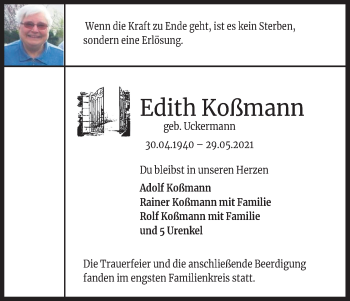 Anzeige von Edith Koßmann von Kölner Stadt-Anzeiger / Kölnische Rundschau / Express