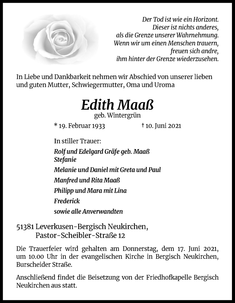  Traueranzeige für Edith Maaß vom 15.06.2021 aus Kölner Stadt-Anzeiger / Kölnische Rundschau / Express