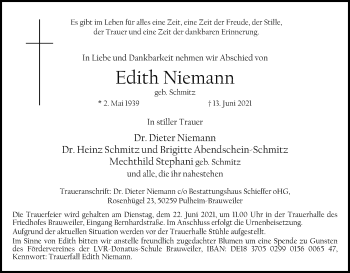 Anzeige von Edith Niemann von Kölner Stadt-Anzeiger / Kölnische Rundschau / Express