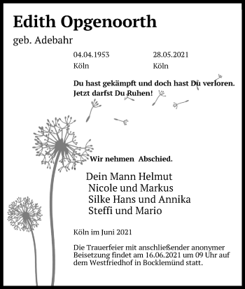 Anzeige von Edith Opgenoorth von Kölner Stadt-Anzeiger / Kölnische Rundschau / Express