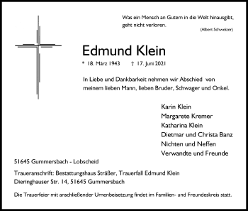 Anzeige von Edmund Klein von Kölner Stadt-Anzeiger / Kölnische Rundschau / Express