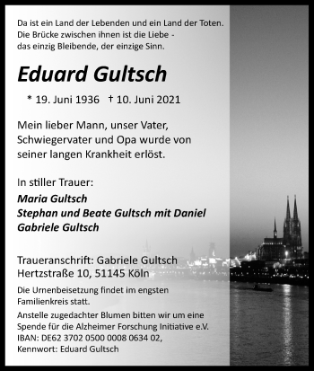 Anzeige von Eduard Gultsch von Kölner Stadt-Anzeiger / Kölnische Rundschau / Express