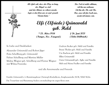 Anzeige von Elfi Grünewald von Kölner Stadt-Anzeiger / Kölnische Rundschau / Express