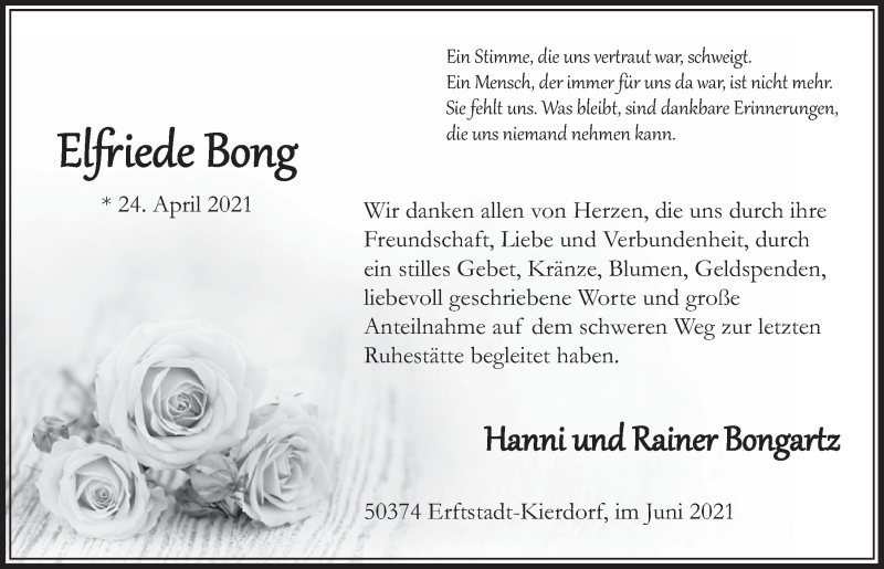  Traueranzeige für Elfriede Bong vom 18.06.2021 aus  Werbepost 