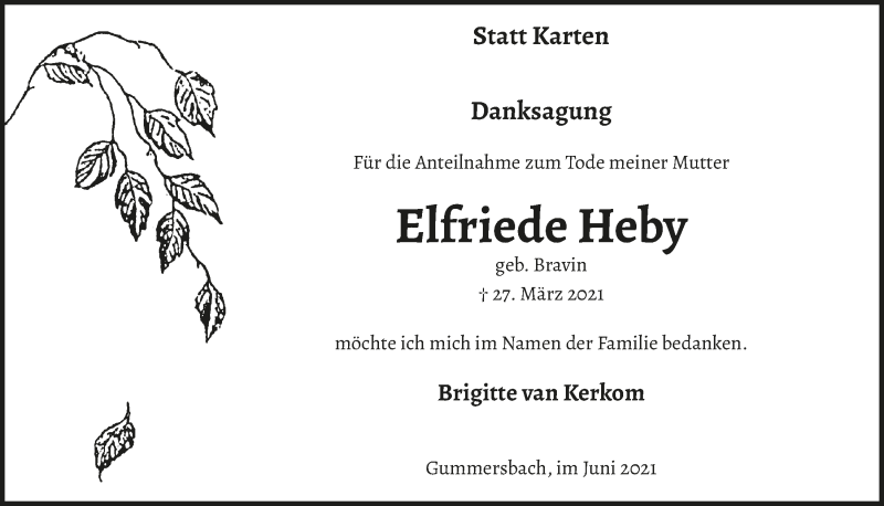  Traueranzeige für Elfriede Heby vom 04.06.2021 aus  Anzeigen Echo 