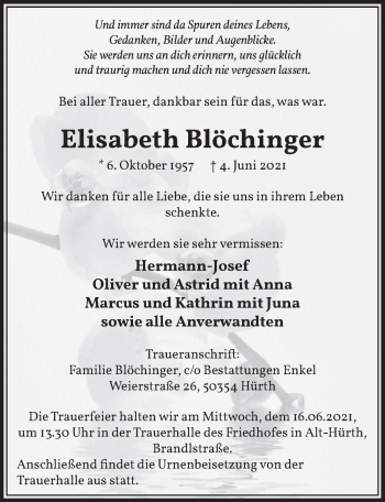 Anzeige von Elisabeth Blöchinger von  Wochenende 