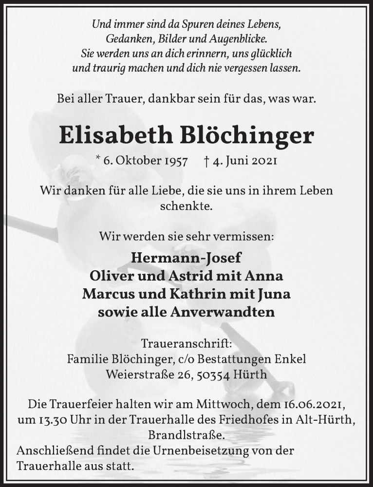  Traueranzeige für Elisabeth Blöchinger vom 11.06.2021 aus  Wochenende 