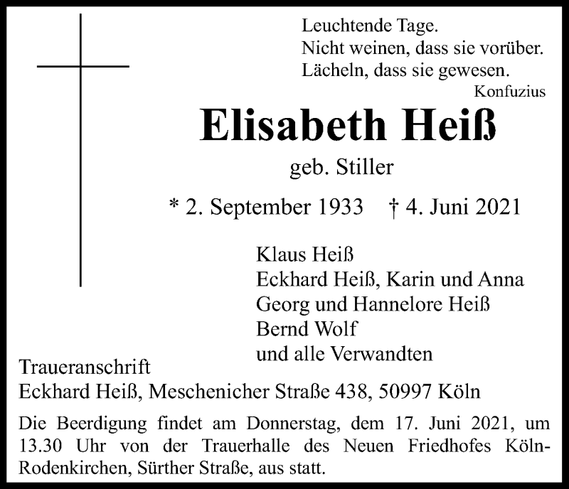 Traueranzeige für Elisabeth Heiß vom 12.06.2021 aus Kölner Stadt-Anzeiger / Kölnische Rundschau / Express