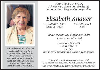 Anzeige von Elisabeth Knauer von Kölner Stadt-Anzeiger / Kölnische Rundschau / Express