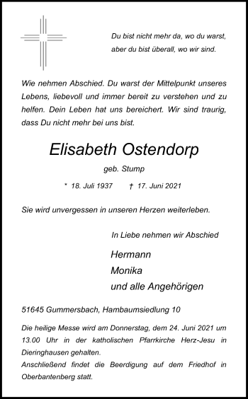Anzeige von Elisabeth Ostendorp von Kölner Stadt-Anzeiger / Kölnische Rundschau / Express