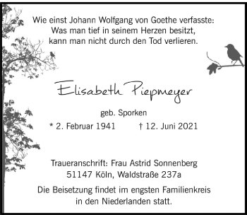 Anzeige von Elisabeth Piepmeyer von  Bergisches Handelsblatt 