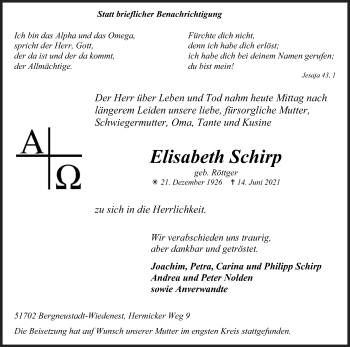 Anzeige von Elisabeth Schirp von Kölner Stadt-Anzeiger / Kölnische Rundschau / Express